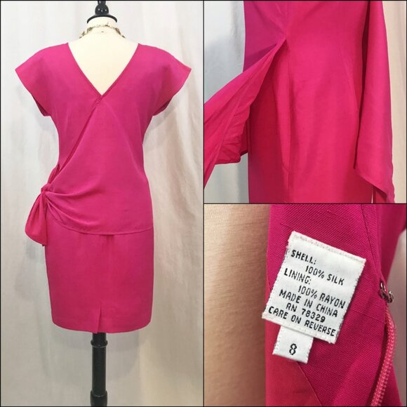 Vintage 80s 90s Bill Blass Dress Silk Sarong Mini Wrap Fushia Pink - Picture 7 of 7